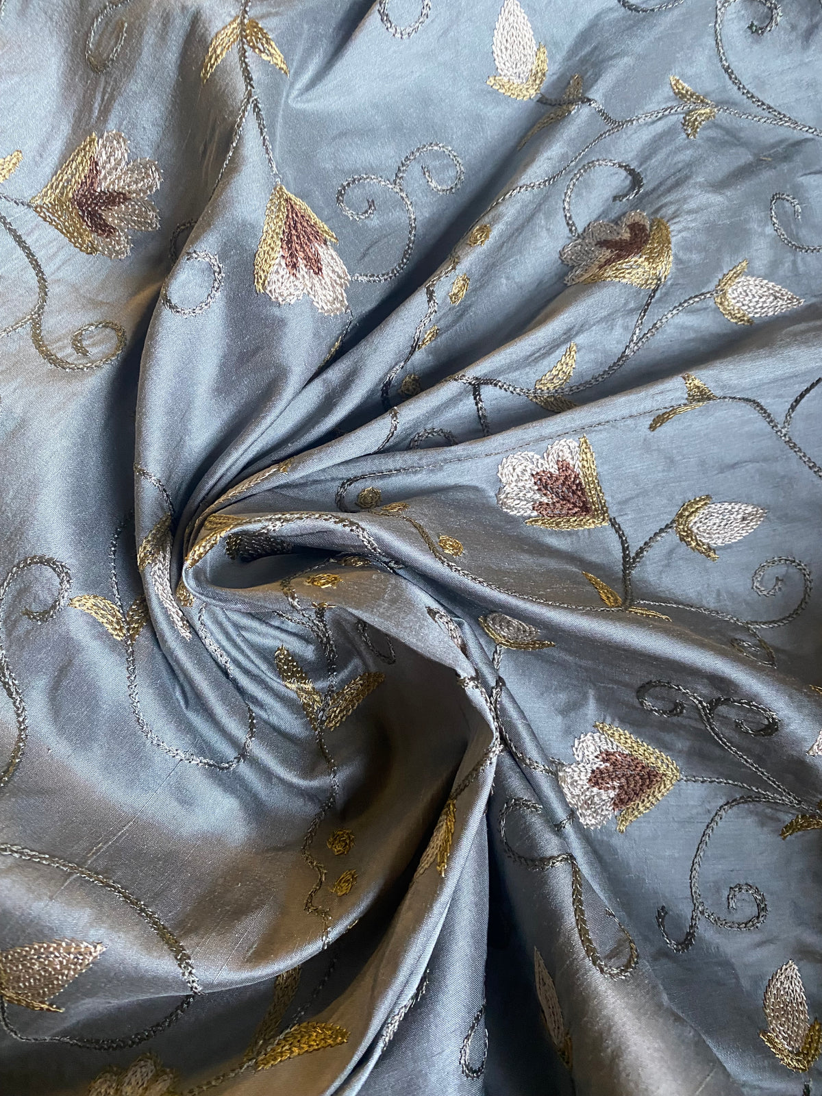 NEW Princess Primrose 100% Silk Dupioni Fabric With Crewel Floral Embroidery- Blue - Fancy Styles Fabric Pierre Frey Lee Jofa Brunschwig & Fils