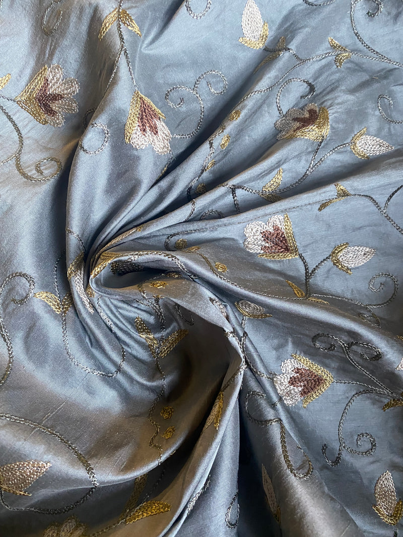 NEW Princess Primrose 100% Silk Dupioni Fabric With Crewel Floral Embroidery- Blue