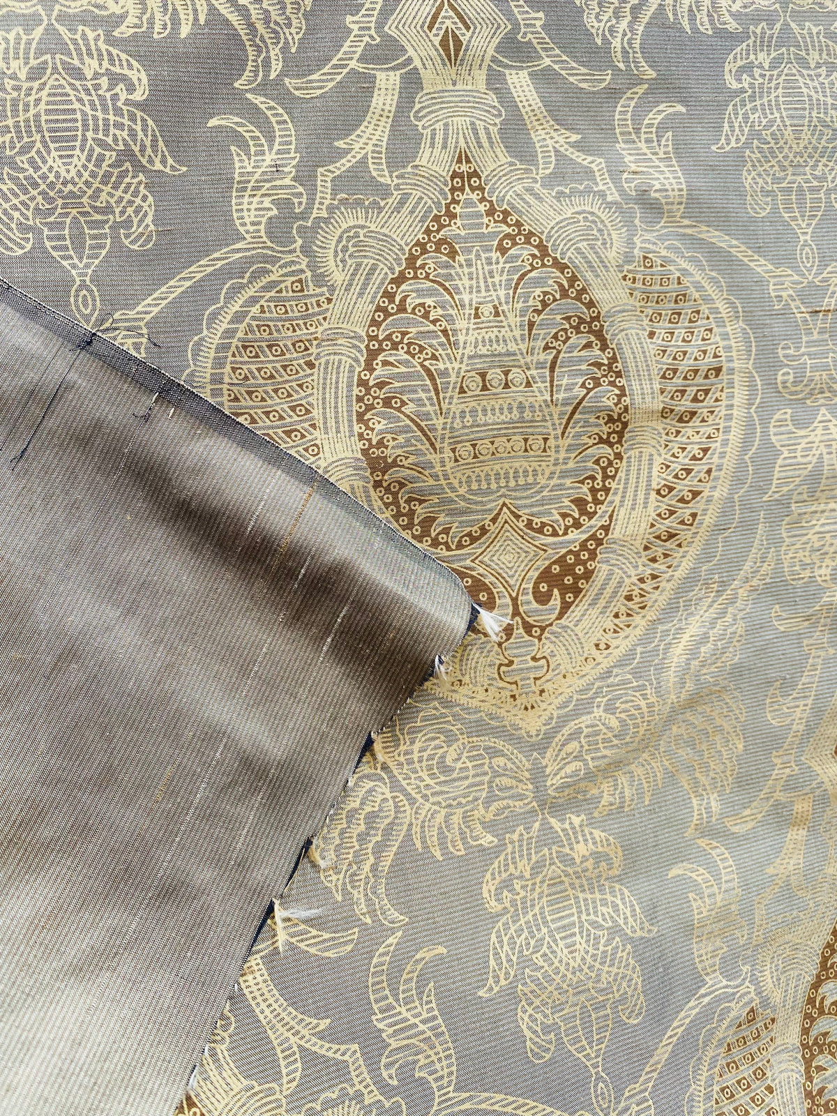 NEW! King Tatter 100% Silk  Novelty Jacquard Damask Fabric- Grey, Brown and Gold - Fancy Styles Fabric Pierre Frey Lee Jofa Brunschwig & Fils
