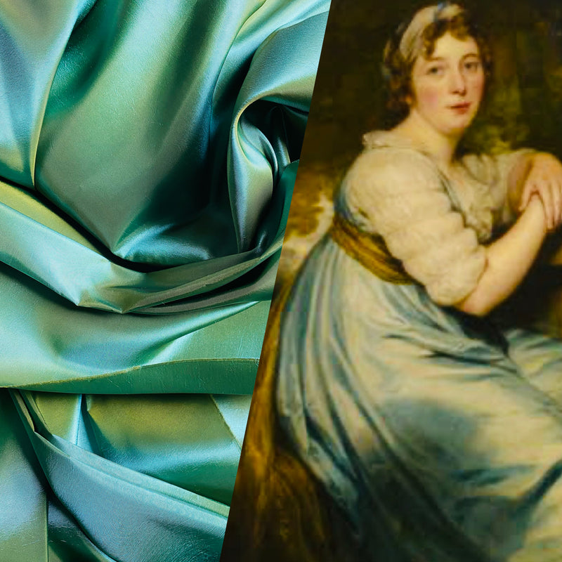 App Sale: Queen Unn Designer “Faux Silk” Fabric Turquoise & Yellow Iridescent