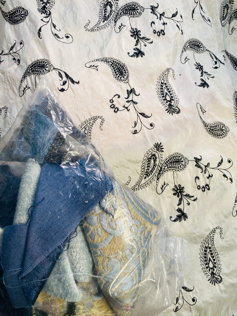 App Sale: $10 Mystery Bundle Fabric 770- 1 Yard Embroidered Faux Silk + Scrap Bag of Blue Velvet