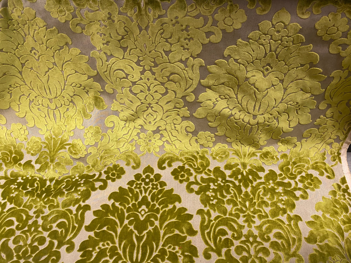 NEW! Princess Perma - LARGE REPEAT- Designer Italian Venetian Burnout Damask Velvet Yellow-Lime Chartreuse Fabric Upholstery - Fancy Styles Fabric Pierre Frey Lee Jofa Brunschwig & Fils