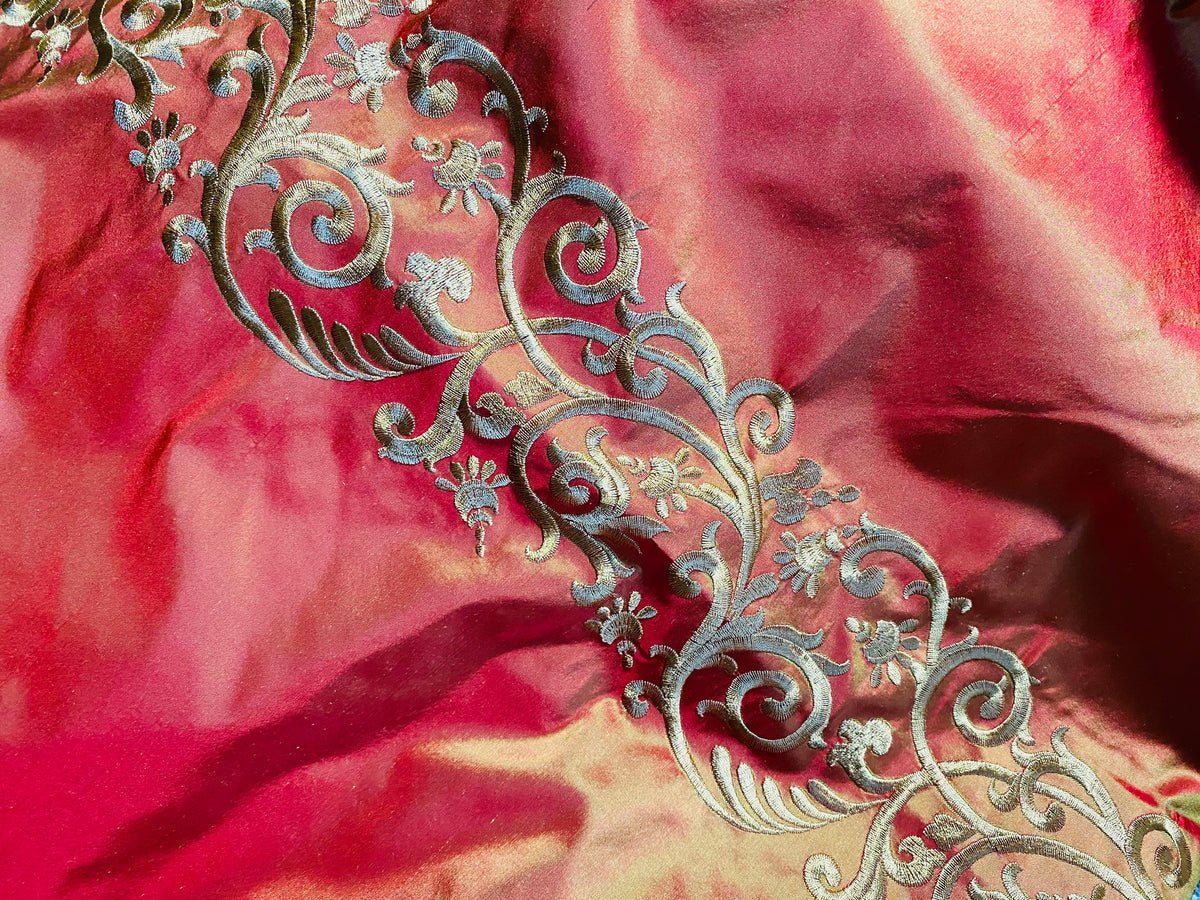 NEW Queen Challance 100% Silk Taffeta Fabric - Embroidered- Fire Red Iridescence - Fancy Styles Fabric Pierre Frey Lee Jofa Brunschwig & Fils