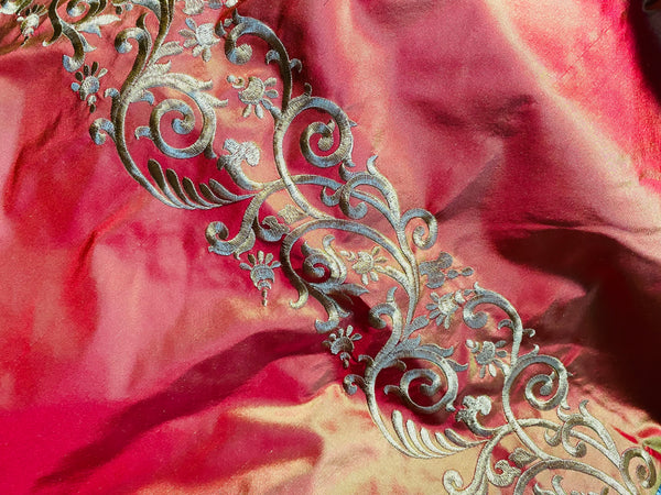 NEW Queen Challance 100% Silk Taffeta Fabric - Embroidered- Fire Red Iridescence - Fancy Styles Fabric Pierre Frey Lee Jofa Brunschwig & Fils