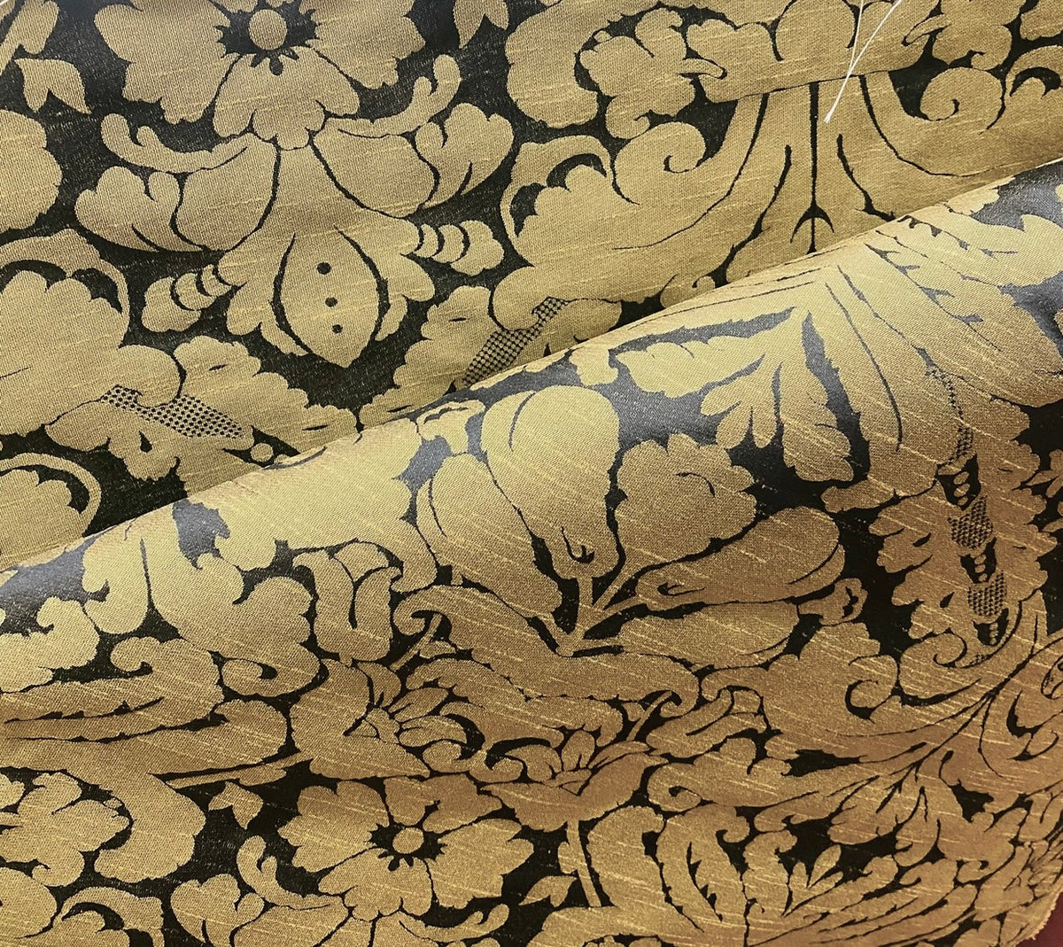 NEW King St John Designer Damask Drapery Satin Fabric - Black Gold- Decorating - Fancy Styles Fabric Pierre Frey Lee Jofa Brunschwig & Fils
