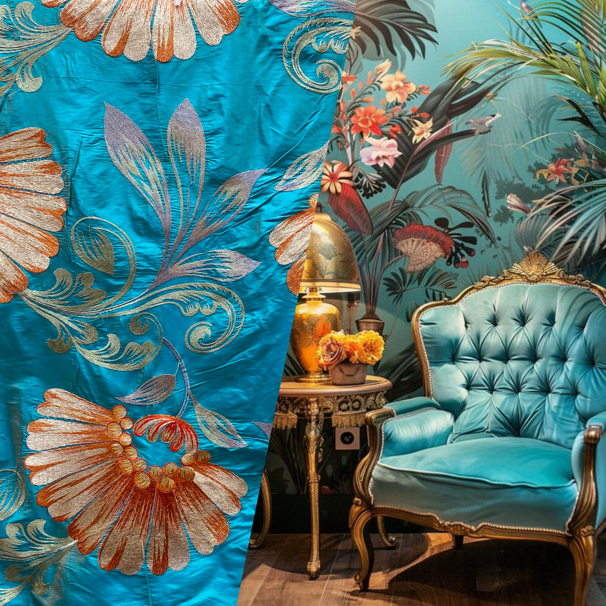 NEW Queen Monique Novelty Floral Embroidered 100% Silk Fabric in Turquoise - Fancy Styles Fabric Pierre Frey Lee Jofa Brunschwig & Fils