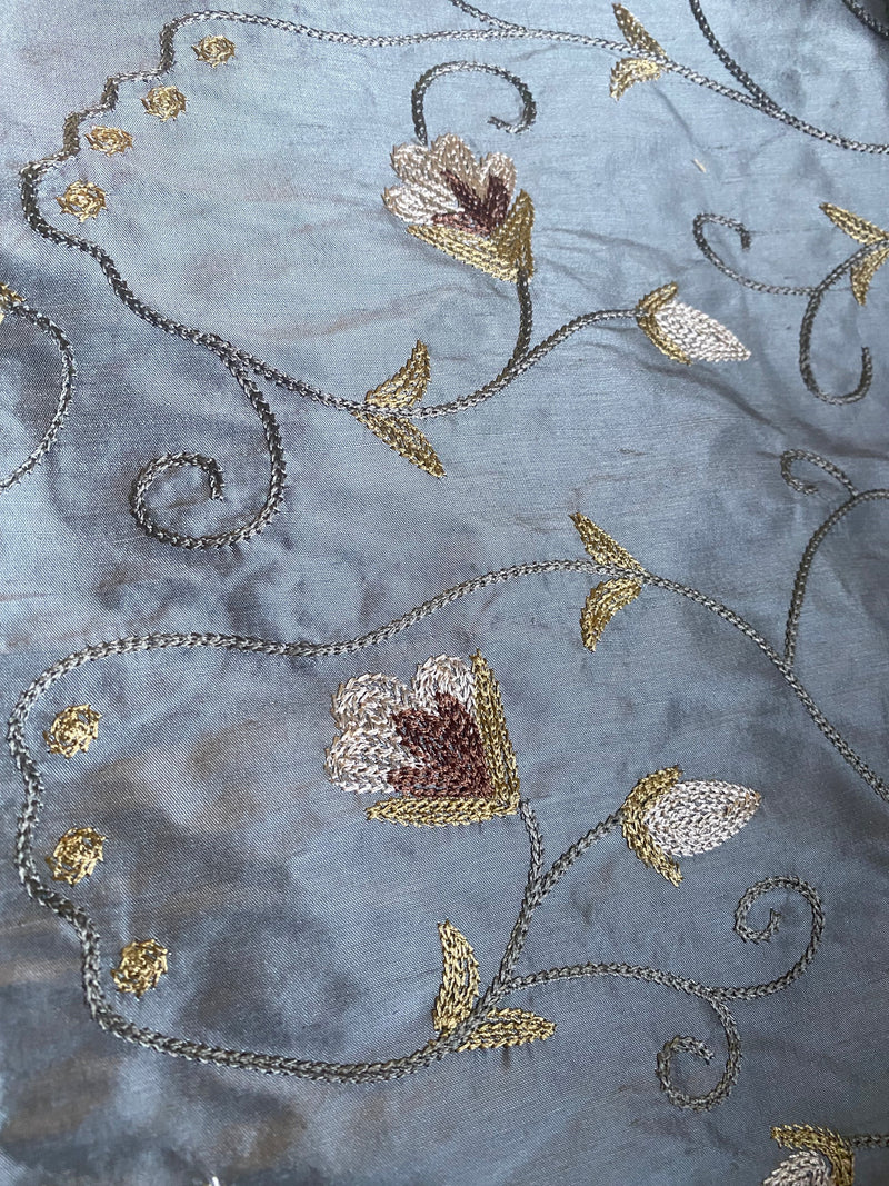 App Sale: Princess Primrose 100% Silk Dupioni Fabric With Crewel Floral Embroidery- Blue