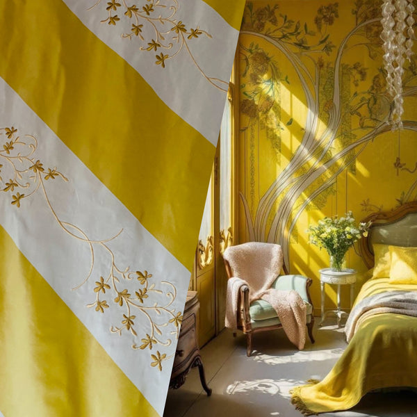 NEW! Princess Pilar 100% Silk Taffeta Novelty Drapery Fabric Floral Embroidered Yellow White Stripe - Fancy Styles Fabric Pierre Frey Lee Jofa Brunschwig & Fils