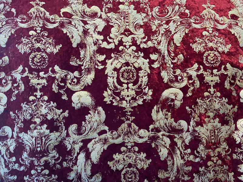 NEW COLOR! Queen Renee Burnout Antique Inspired Velvet Fabric Burgundy & Gold