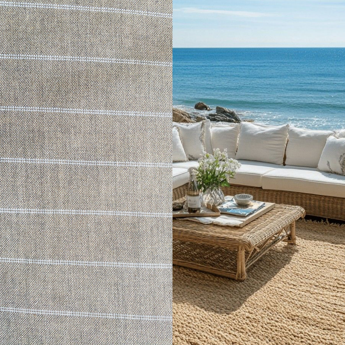 New! SUNBRELLA Novelty Waterproof Indoor Outdoor Natural Taupe Stripe Upholstery and Decorating Fabric - Fancy Styles Fabric Pierre Frey Lee Jofa Brunschwig & Fils