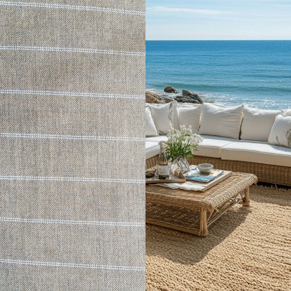 New! SUNBRELLA Novelty Waterproof Indoor Outdoor Natural Taupe Stripe Upholstery and Decorating Fabric - Fancy Styles Fabric Pierre Frey Lee Jofa Brunschwig & Fils