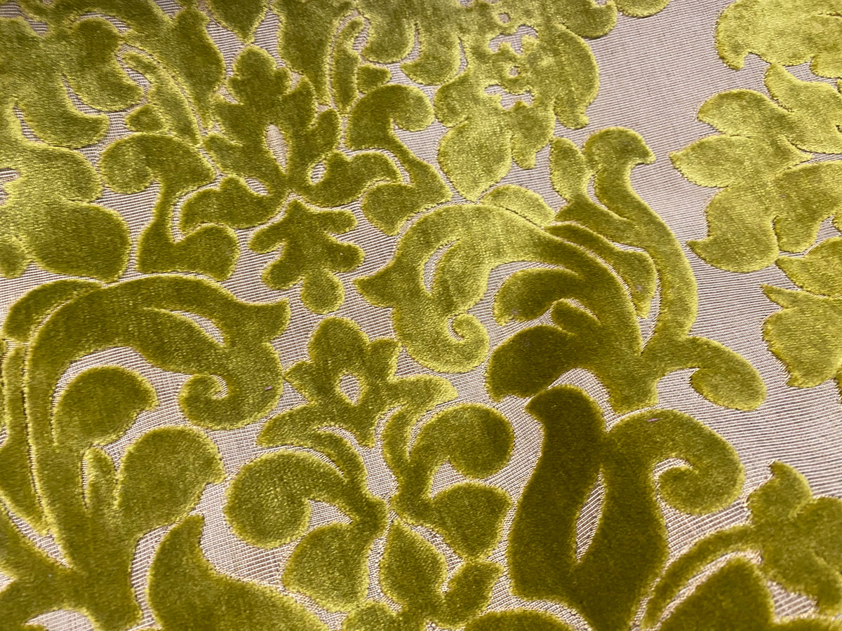 NEW! Princess Perma - LARGE REPEAT- Designer Italian Venetian Burnout Damask Velvet Yellow-Lime Chartreuse Fabric Upholstery - Fancy Styles Fabric Pierre Frey Lee Jofa Brunschwig & Fils