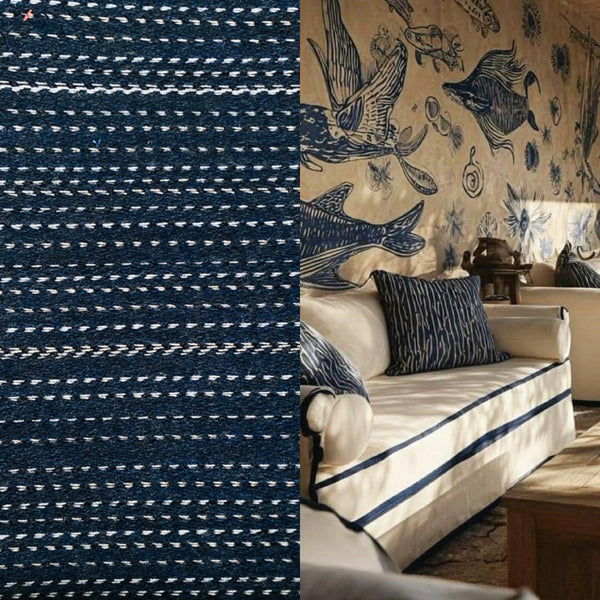 New! SUNBRELLA Navy Indigo Blue Dot Stripes Waterproof Indoor Outdoor Upholstery Fabric - Fancy Styles Fabric Pierre Frey Lee Jofa Brunschwig & Fils