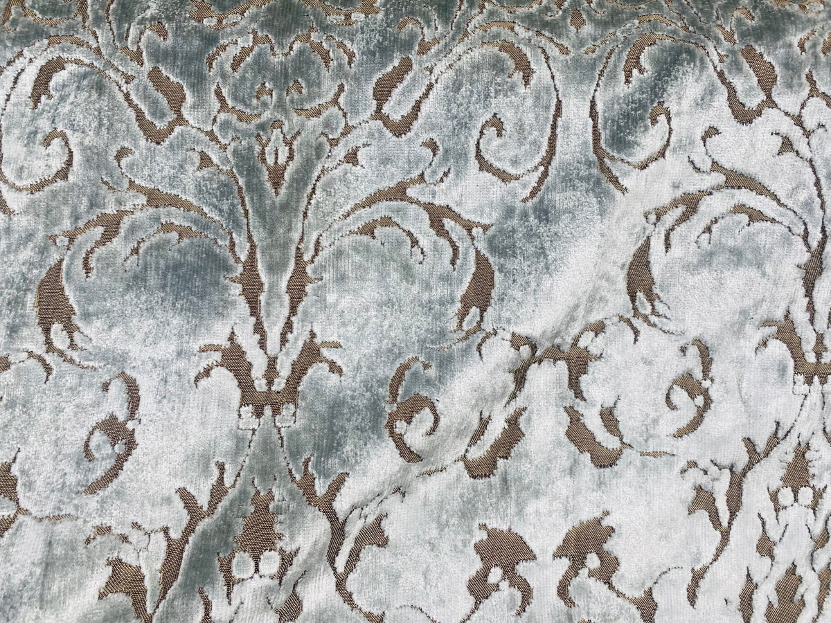 NEW! Duke Santori Designer Venetian Italian Burnout Medallion Chenille Velvet Silver-Blue Bronze Fabric Upholstery - Fancy Styles Fabric Pierre Frey Lee Jofa Brunschwig & Fils