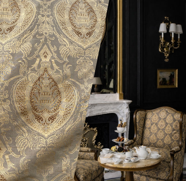 NEW! King Tatter 100% Silk  Novelty Jacquard Damask Fabric- Grey, Brown and Gold - Fancy Styles Fabric Pierre Frey Lee Jofa Brunschwig & Fils