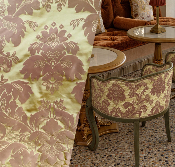 NEW! Princess Branda 100% Silk Satin Novelty Jacquard Damask Fabric- Pink and Gold - Fancy Styles Fabric Pierre Frey Lee Jofa Brunschwig & Fils