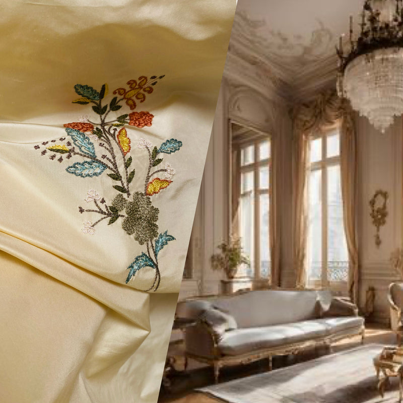 NEW! Princess Jardin 100% Silk Taffeta Novelty Embroidered Drapery Fabric in Floral- Cream