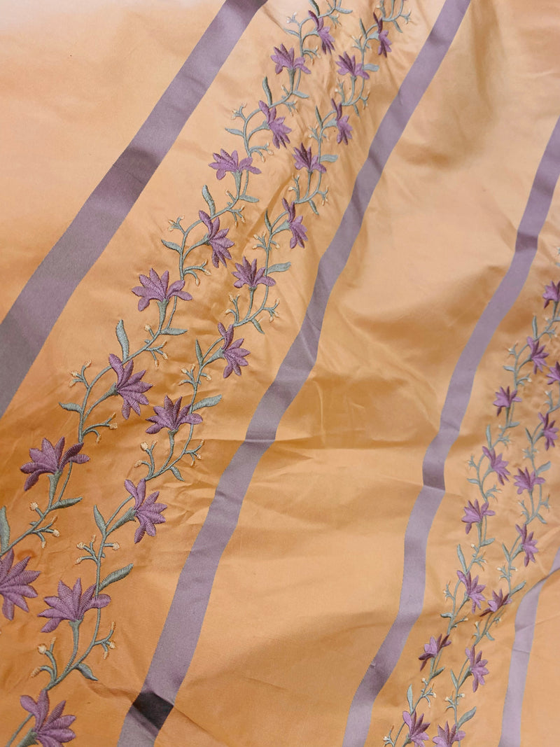 NEW Duchess Adele Designer 100% Silk Taffeta Ribbon Stripe Embroidered Floral Fabric in Peach and Lavender