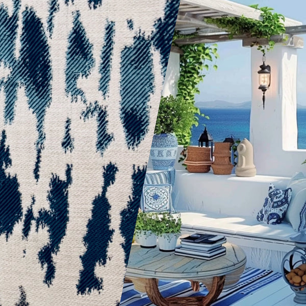 SUNBRELLA Indigo Blue Geometric Waterproof Indoor Outdoor Upholstery Fabric - Fancy Styles Fabric Pierre Frey Lee Jofa Brunschwig & Fils