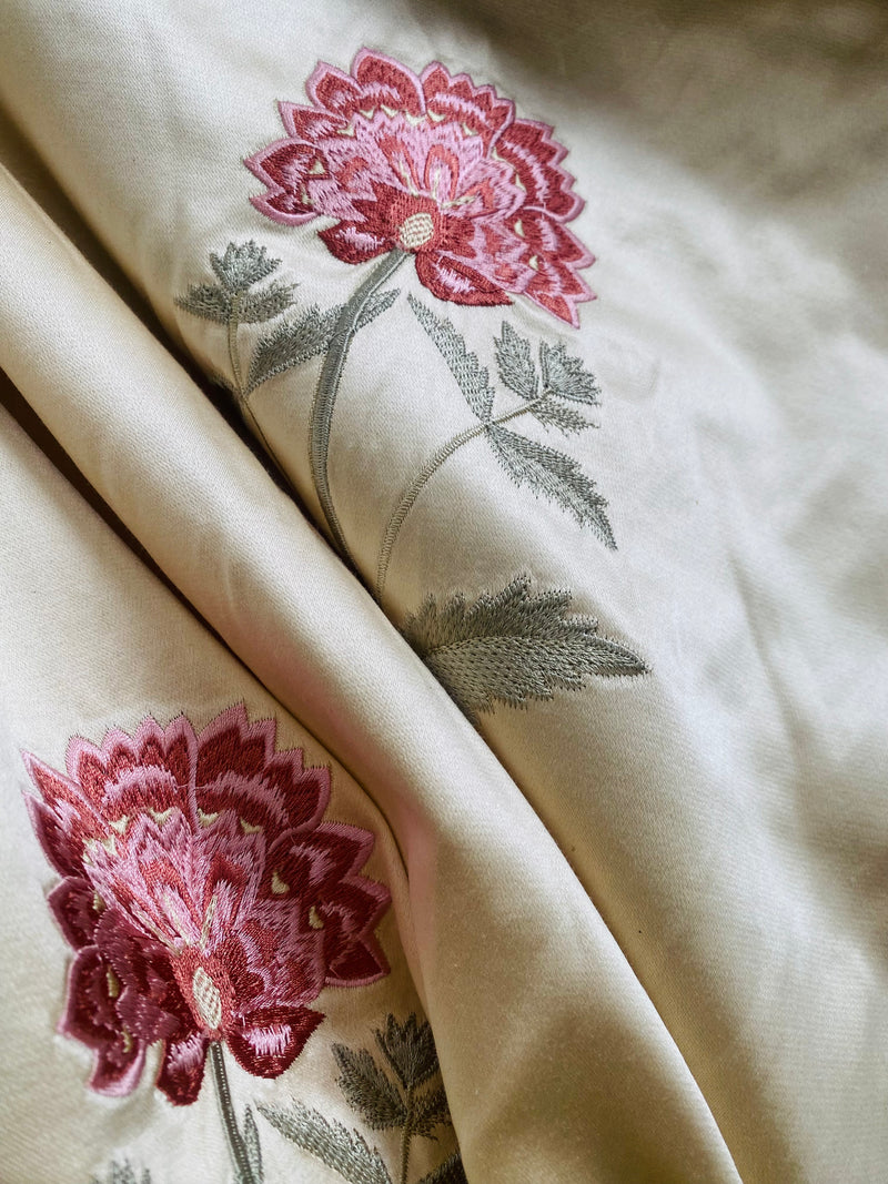 NEW! Queen Slamia 100% Silk Taffeta Novelty Embroidered Drapery Fabric in Floral- Cream