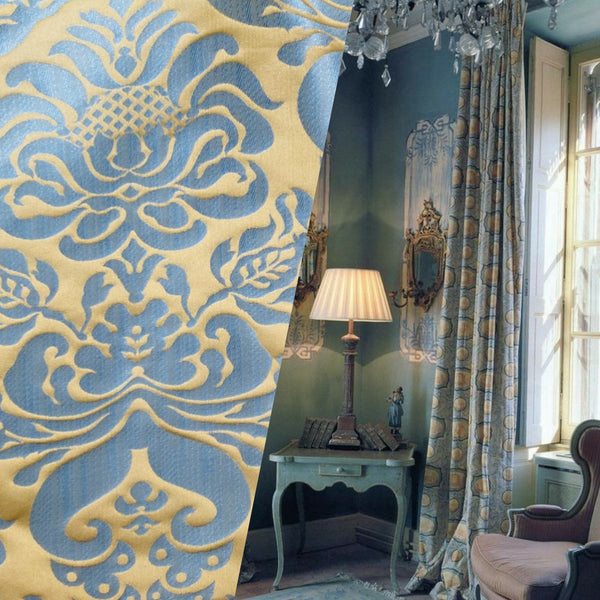 NEW 110" Wide: Queen Lauder Neoclassical Floral Damask Matte Satin Duck Egg Blue and Gold Jacquard Drapery Fabric - Fancy Styles Fabric Pierre Frey Lee Jofa Brunschwig & Fils