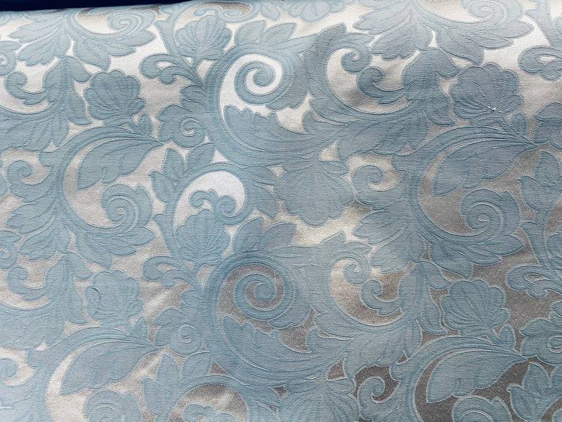 NEW King Belmar Antique Inspired Eggshell Silver Blue Satin Floral Upholstery Fabric