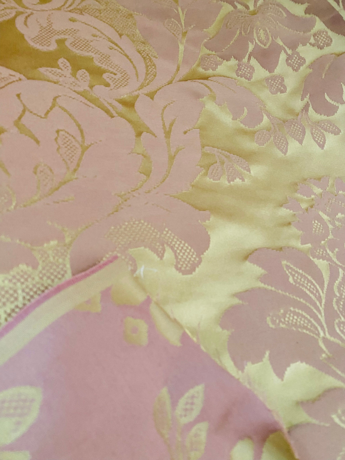 NEW! Princess Branda 100% Silk Satin Novelty Jacquard Damask Fabric- Pink and Gold - Fancy Styles Fabric Pierre Frey Lee Jofa Brunschwig & Fils