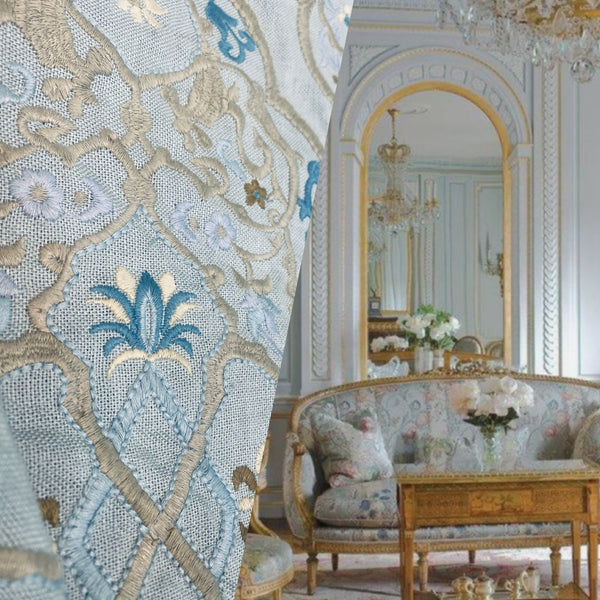 NEW! SALE! Scalamandre 100% Linen Medallion Embroidered Fabric Blue - Fancy Styles Fabric Pierre Frey Lee Jofa Brunschwig & Fils