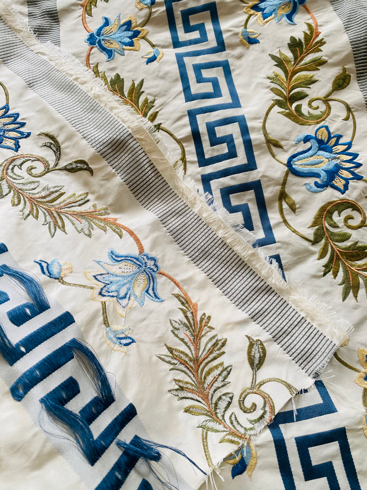 NEW Prince Greco Novelty Embroidered 100% Silk Taffeta Fabric Blue and White - Fancy Styles Fabric Pierre Frey Lee Jofa Brunschwig & Fils