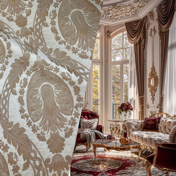 NEW Lady Danita Designer Medallion Burnout Chenille Velvet Fabric - Brocade- Cream Gold - Fancy Styles Fabric Pierre Frey Lee Jofa Brunschwig & Fils