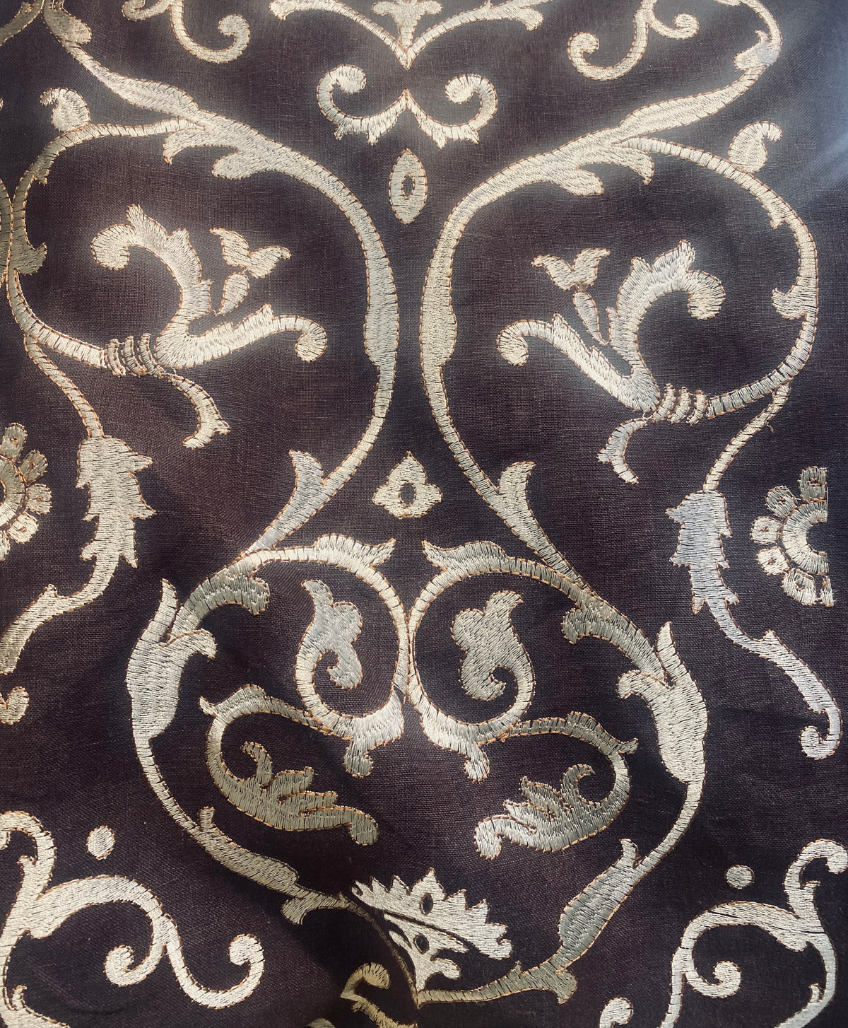 NEW! Duchess Dahlia Novelty Belgium Imported 100% Linen Embroidered Medallion Fabric Chocolate Brown and Ecru - Fancy Styles Fabric Pierre Frey Lee Jofa Brunschwig & Fils