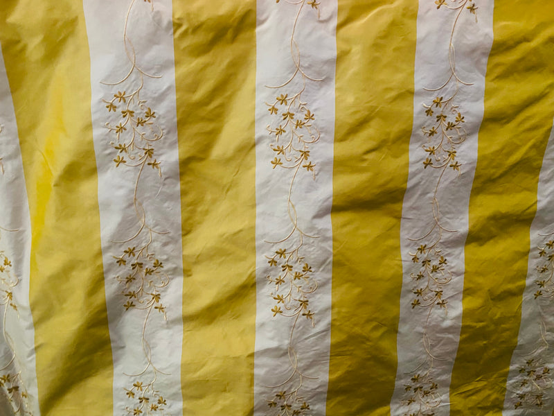 NEW! Princess Pilar 100% Silk Taffeta Novelty Drapery Fabric Floral Embroidery Yellow White Stripe