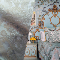 NEW! King Jeffra 100% Silk Taffeta Novelty Jacquard Drapery Fabric in Damask- Silvery Blue - Fancy Styles Fabric Pierre Frey Lee Jofa Brunschwig & Fils