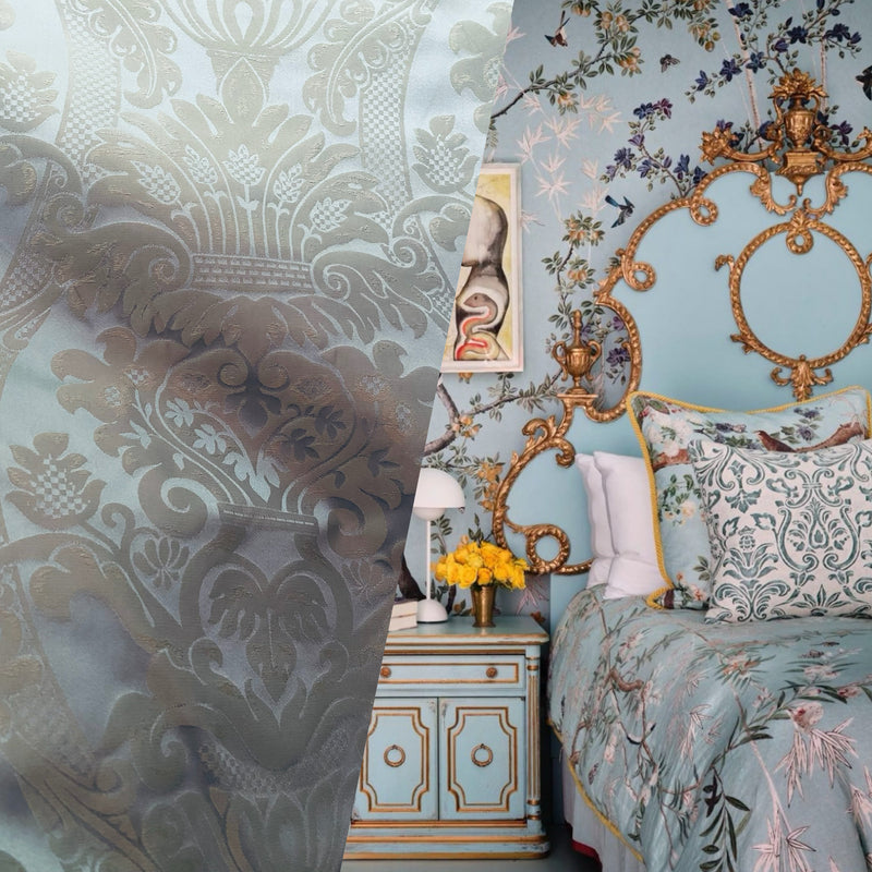 NEW! King Jeffra 100% Silk Taffeta Novelty Jacquard Drapery Fabric in Damask- Silvery Blue