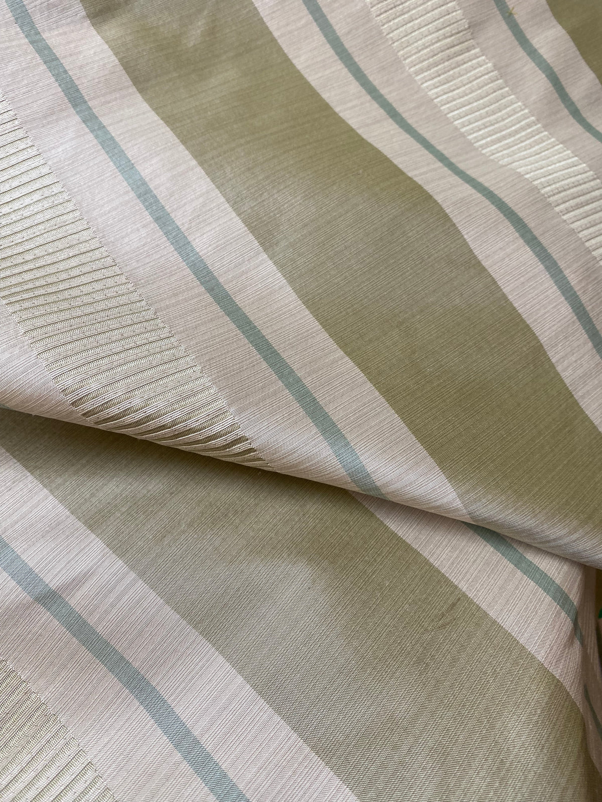 NEW Queen Sherrice 100% Silk Dupioni Ribbon Stripes Fabric - Pistachio Green and Cream with Sea Foam Blue Pinstripe - Fancy Styles Fabric Pierre Frey Lee Jofa Brunschwig & Fils