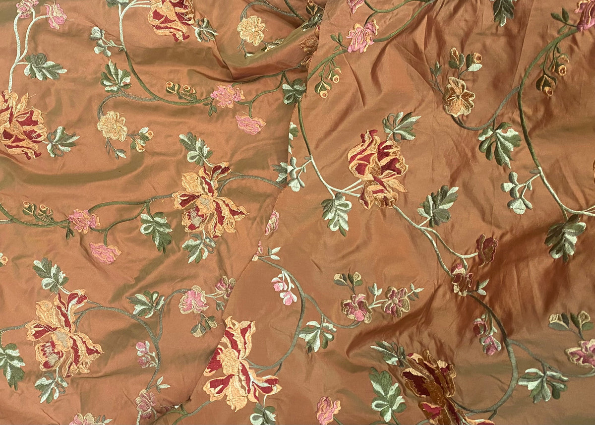 Princess Carey 100% Silk Taffeta Embroidered Floral Fabric - Salmon
