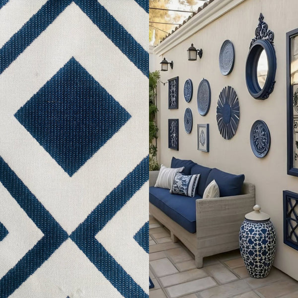 New! SUNBRELLA Indigo Blue Geometric Waterproof Indoor Outdoor Upholstery Fabric - Fancy Styles Fabric Pierre Frey Lee Jofa Brunschwig & Fils