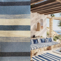 New! SUNBRELLA Novelty Waterproof Indoor Outdoor Natural Blue Indigo Stripe Upholstery and Decorating Fabric - Fancy Styles Fabric Pierre Frey Lee Jofa Brunschwig & Fils