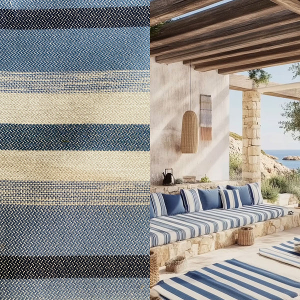 New! SUNBRELLA Novelty Waterproof Indoor Outdoor Natural Blue Indigo Stripe Upholstery and Decorating Fabric - Fancy Styles Fabric Pierre Frey Lee Jofa Brunschwig & Fils