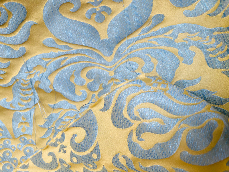 NEW Queen Lauder Neoclassical Floral Damask Matte Satin Duck Egg Blue and Gold Jacquard Drapery Fabric