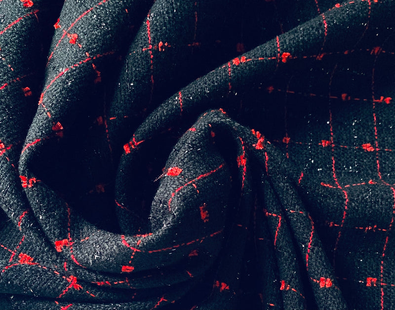 App Deal: Miss Marla Plaid Tweed Fabric with Bow Fringe- Black and Red