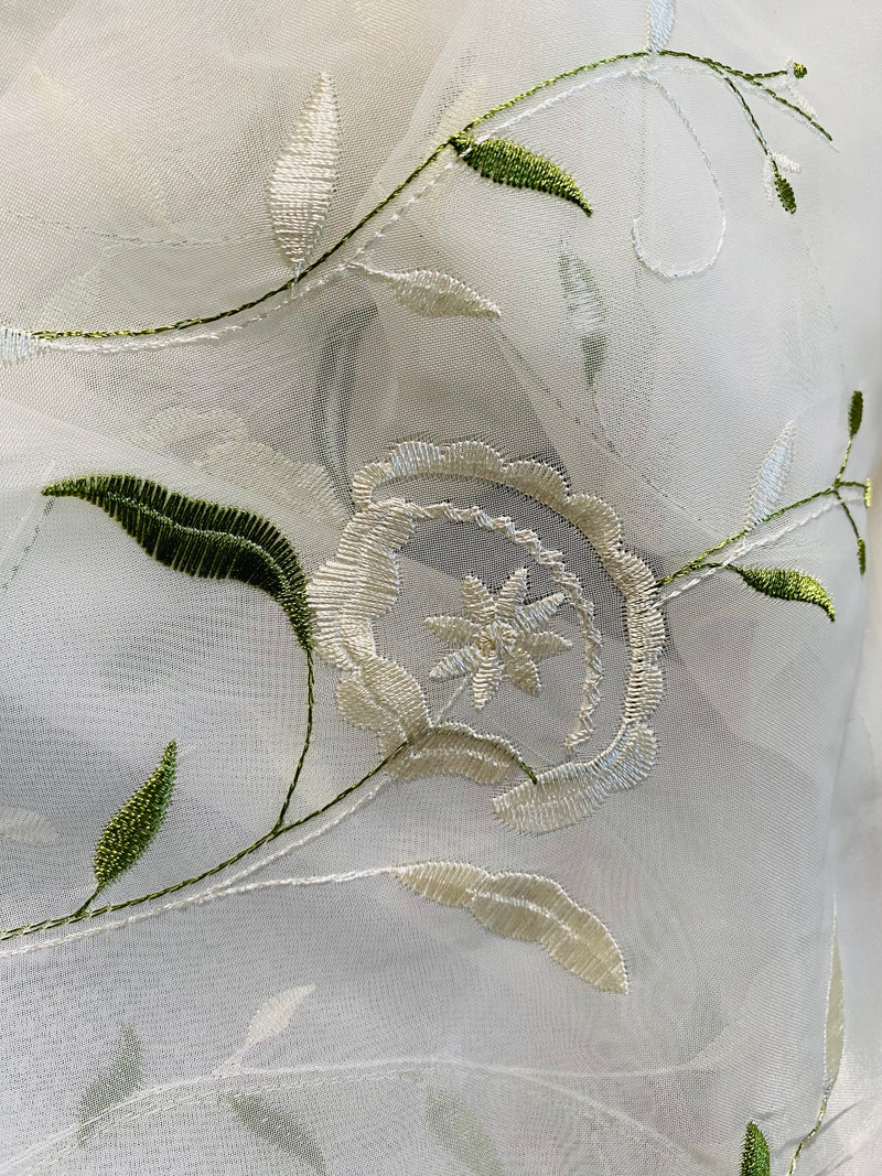 App Sale: Lady Janetta Poly Silk Organza with Embroidered Floral Motif - White and Green