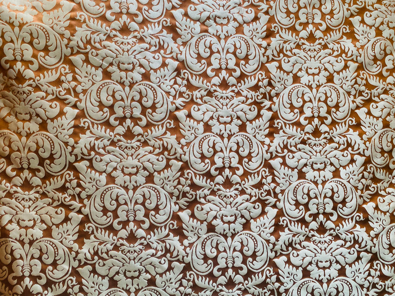 NEW Queen Lauper 100% Silk Jacquard Novelty Neoclassical Floral Damask Matte Satin Brick Red and Gold Jacquard Drapery Fabric
