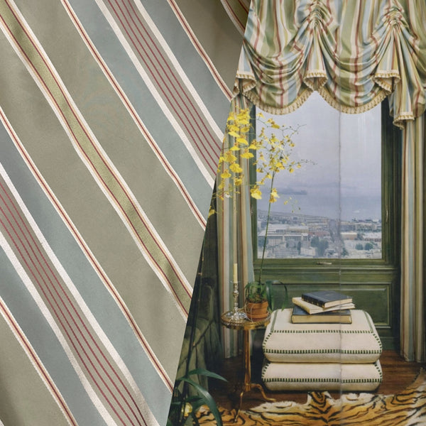 Queen Shante 100% Silk Taffeta Ribbon Stripes Fabric - Pistachio Green, Blue-Grey and Gold with Red Pinstripes - Fancy Styles Fabric Pierre Frey Lee Jofa Brunschwig & Fils