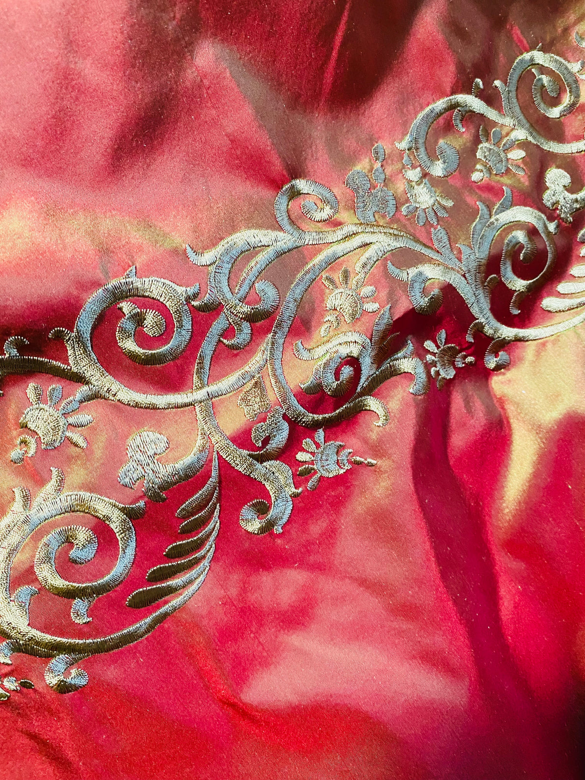 NEW Queen Challance 100% Silk Taffeta Fabric - Embroidered- Fire Red Iridescence - Fancy Styles Fabric Pierre Frey Lee Jofa Brunschwig & Fils