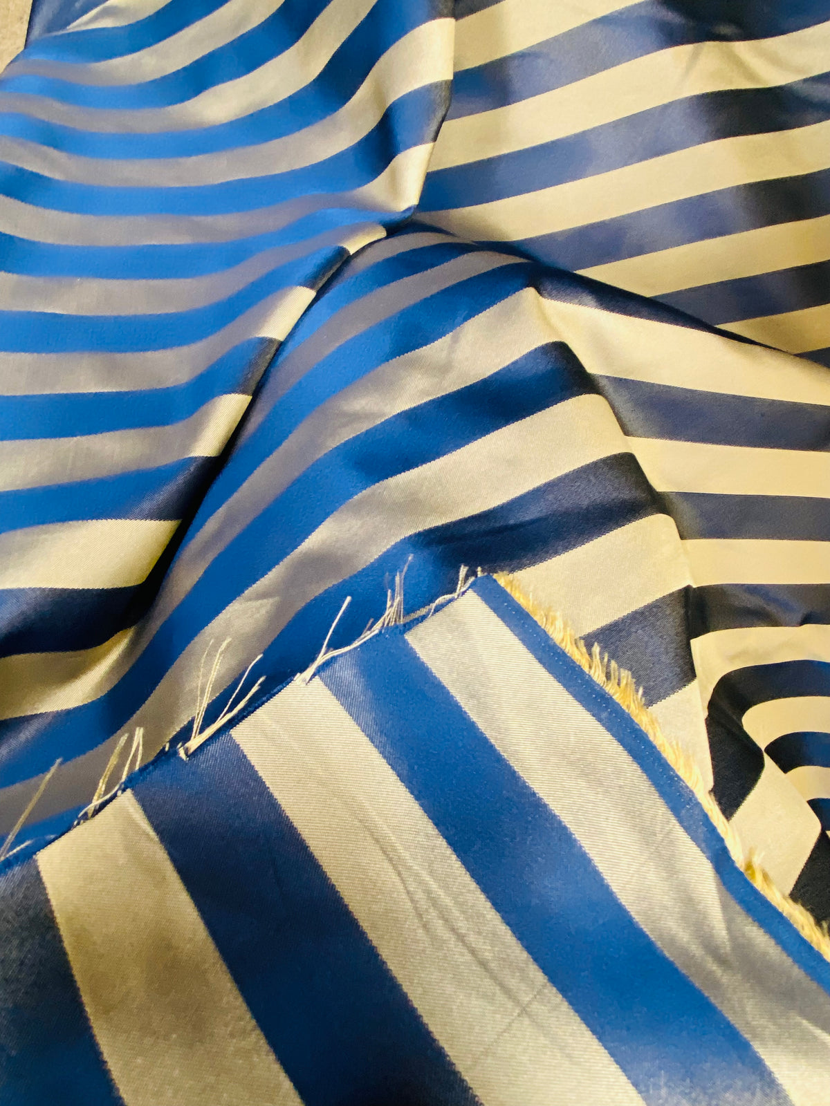 NEW! Prince Pendleton 100% Silk Taffeta Novelty Drapery Fabric in 1” Stripe- Blue and Gold - Fancy Styles Fabric Pierre Frey Lee Jofa Brunschwig & Fils