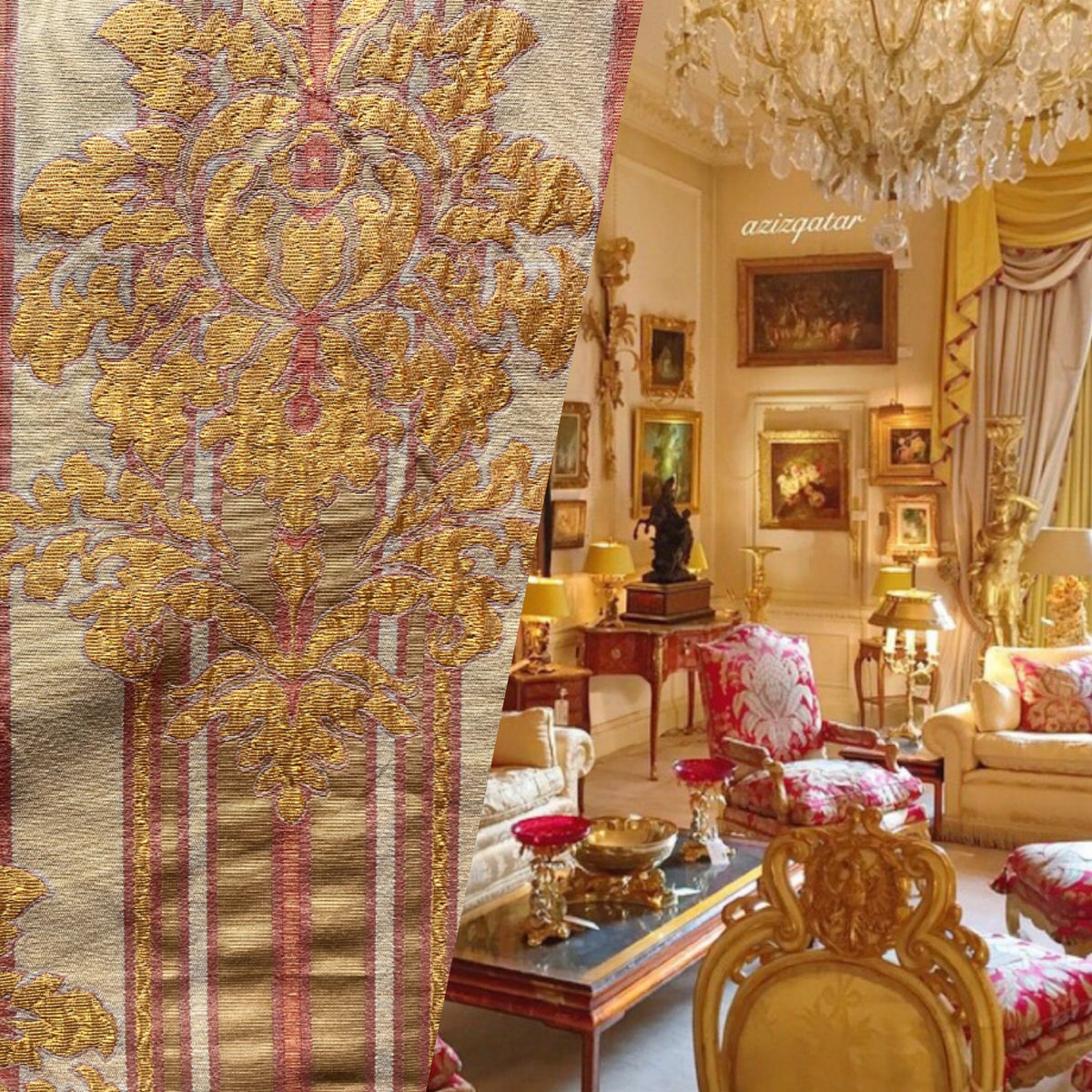 NEW Queen Marion Novelty Ritz Neoclassical Brocade Medallion Striped Jacquard Satin Fabric - Made in Italy - Gold Red Beige- Style# HG10001 - Fancy Styles Fabric Pierre Frey Lee Jofa Brunschwig & Fils