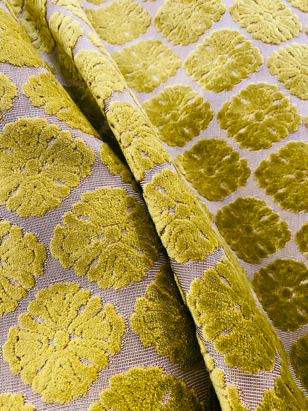 NEW! Prince Mikaile - Designer Italian Venetian Burnout Damask Cut Velvet Yellow Chartreuse Fabric Upholstery - Fancy Styles Fabric Pierre Frey Lee Jofa Brunschwig & Fils