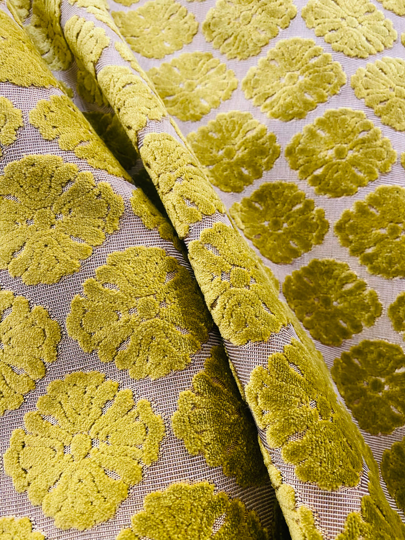 NEW! Prince Mikaile - Designer Italian Venetian Burnout Damask Cut Velvet Yellow Chartreuse Fabric Upholstery - Fancy Styles Fabric Pierre Frey Lee Jofa Brunschwig & Fils