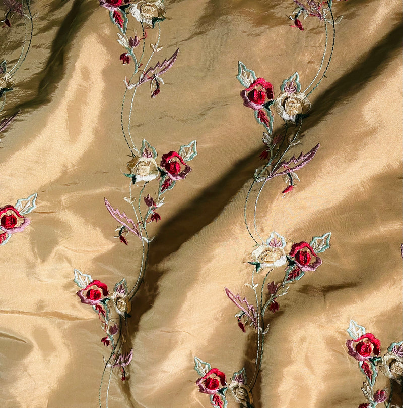 NEW! Duchess Adrianna Embroidered Floral “Faux Silk” Fabric Gold